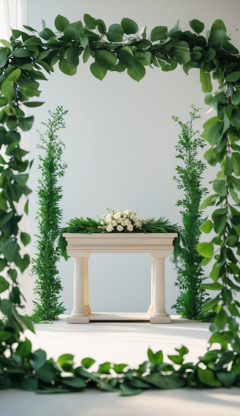 A wedding altar framed by a simple green garland of leaves.
